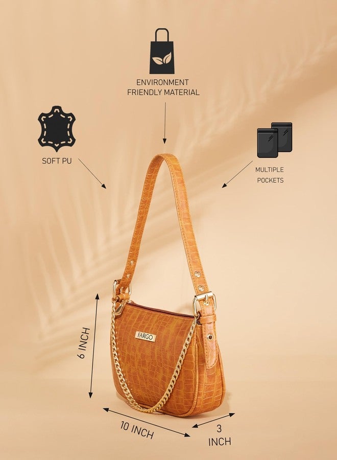 فارجو حقيبة يد نسائية من فارغو بنقشة جلد التمساح وحزام مزدوج (أصفر) - Image 4